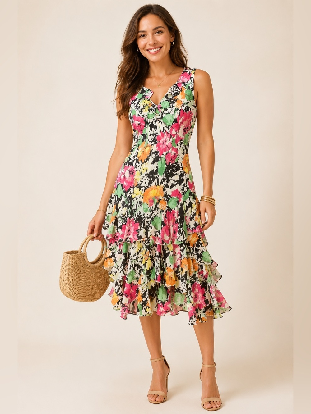 RALPH LAUREN 14P Dress Chiffon Floral Ruffle Midi Y2K Vtg V-Neck Fairy Sundress